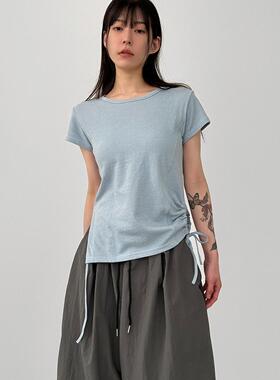 韩国代购26 side slit section half tee设计师侧开叉抽绳短袖T恤
