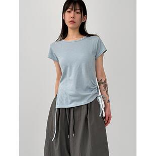 韩国代购26 side slit section half tee设计师侧开叉抽绳短袖T恤