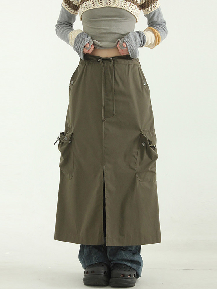 韩国代购front slit cargo banding long skirt 开叉工装半身长裙图片