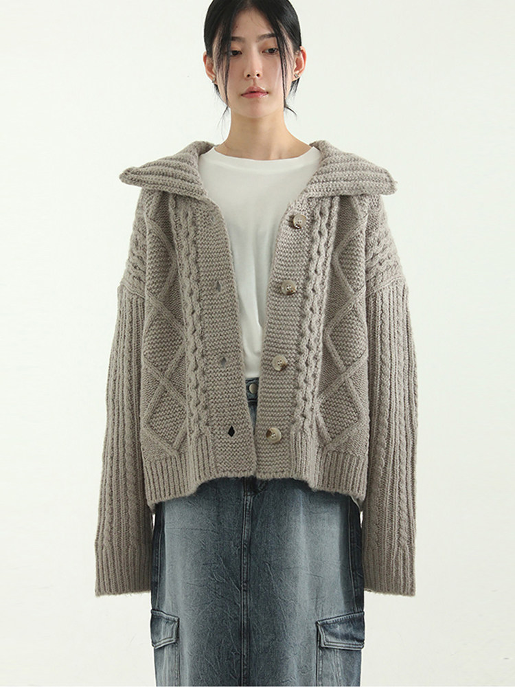 韩国代购23F/W collar neck cable knit cardigan花纹针织开衫女