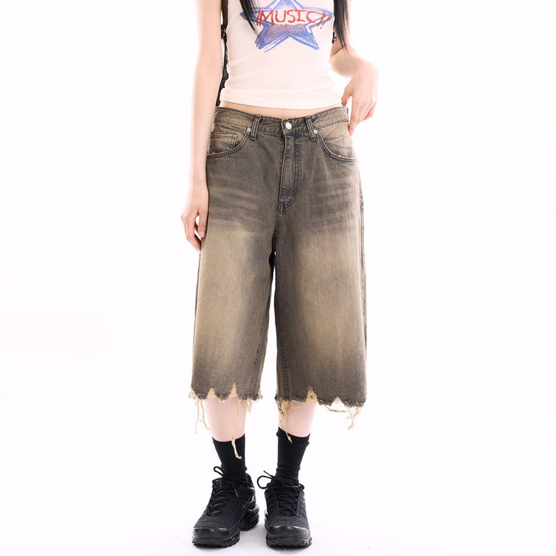韩代Raucohouse Heart vintage cropped bermuda denim pants短裤