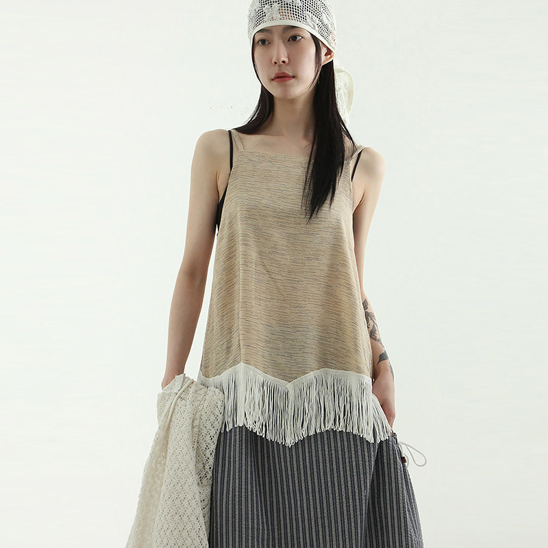 韩国代购25S/S frige sleeves top 设计师款流苏吊带背心百搭休闲
