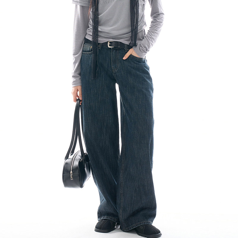 韩国代购Raucohouse Fun low-rise wide denim pants 复古牛仔裤