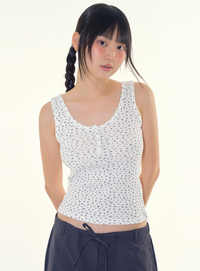 韩代Raucohouse Flower waffle henley sleeveless 碎花背心上衣