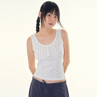韩代Raucohouse Flower waffle henley sleeveless 碎花背心上衣