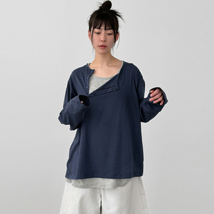 韩国代购26A/W layered henly neck tee (unisex) 假两层长袖T恤
