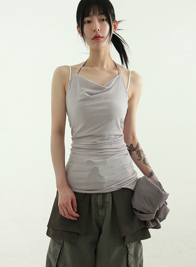 韩国代购24 draped halter neck sleeveless top 设计师吊带背心