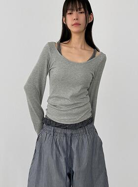 韩国代购26S/S round neck golgi tee 设计师款大圆领长袖打底T恤