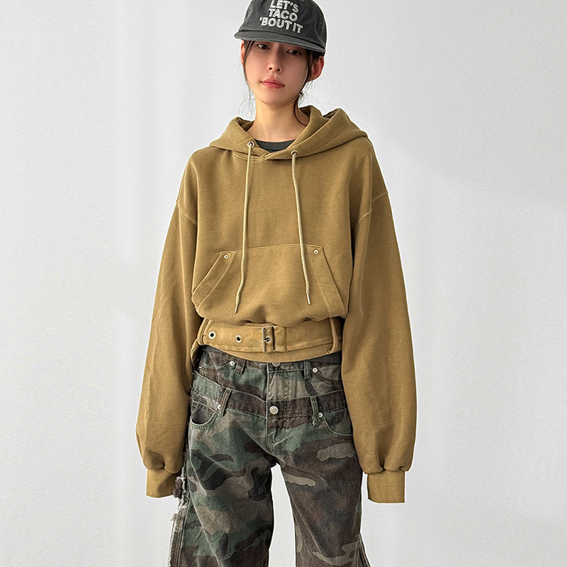 国内现货26A/W rivet belted cotton hoody 设计师款腰带连帽卫衣