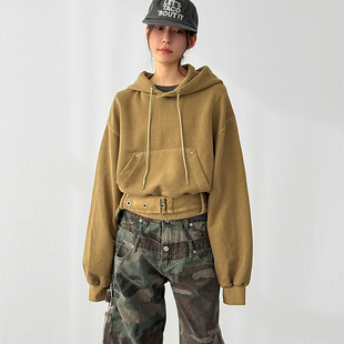 韩国代购26A/W rivet belted cotton hoody 设计师款腰带连帽卫衣