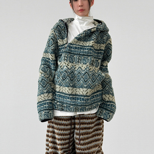 韩国代购26A/W zip-up neck ethnic dumble hoody (unisex)绒帽衫