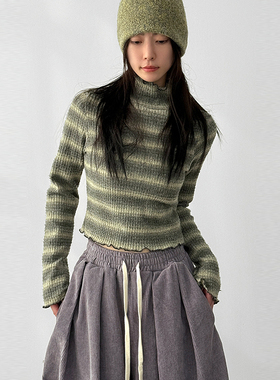 韩国代购25F/W stripe wave pola cropped tee波浪半高领条纹长袖