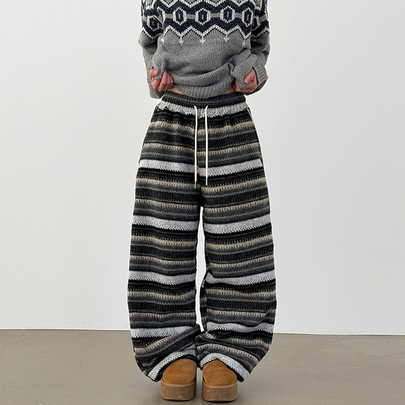 韩国代购26A/W mixed stripe fleece wide banding pants条纹长裤