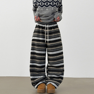 韩国代购26A/W mixed stripe fleece wide banding pants条纹长裤