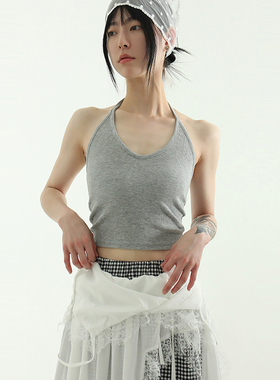 韩国代购24 halter neck golgi sleeveless cropped top 吊带背心