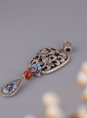 南红复古做旧流苏纯银吊坠项链