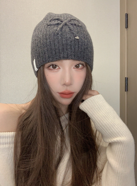 ins羊毛蝴蝶结针织毛线帽女秋冬