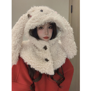 可爱大耳朵毛绒帽子女冬季加厚防寒护耳围巾帽一体式巴拉法克帽潮
