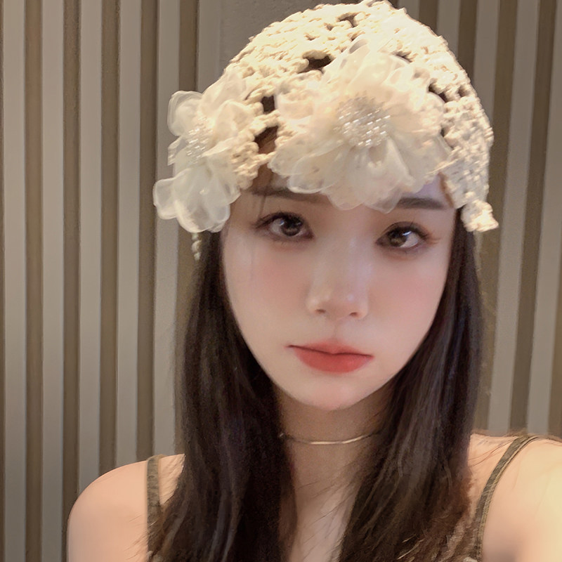 手工帽子女海边度假风日系蕾丝花朵头巾帽时尚钩针帽子春夏包头帽