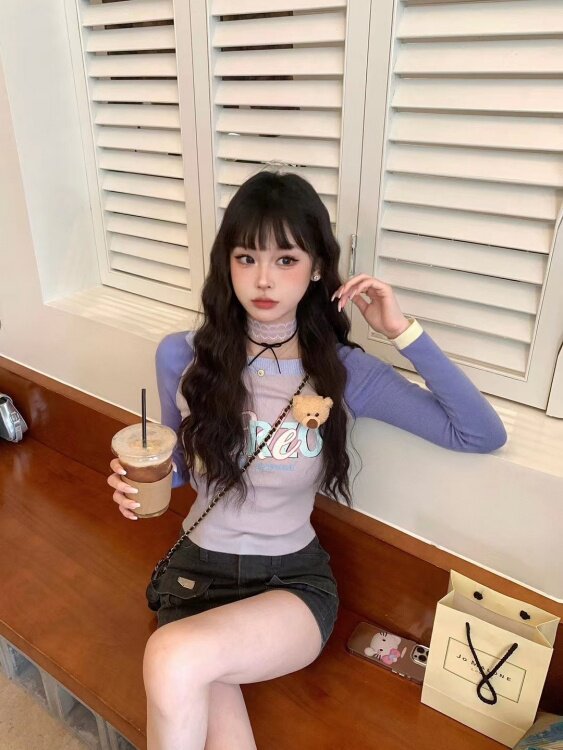 13DE MARZO女士 24早秋新款数码直喷露背针织衫甜美修身显瘦毛衣