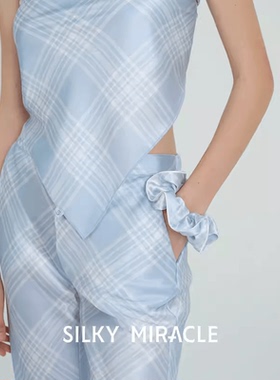 SILKY MIRACLE真丝发圈FREE系列蓝色格纹桑蚕丝水钻头花夏季新款