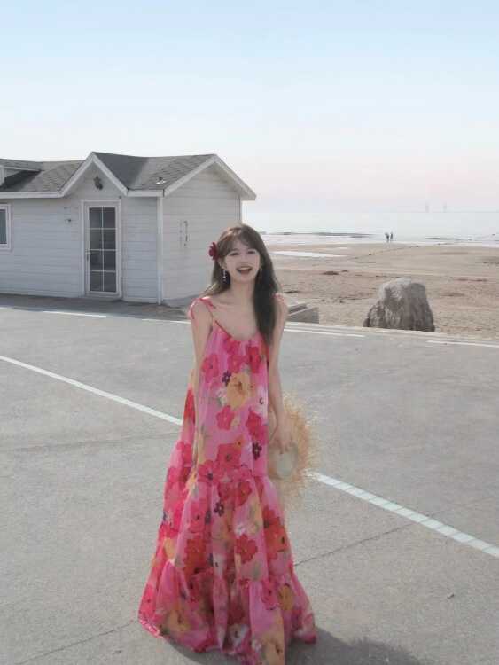 24春夏新品长裙印花层叠粉色真丝