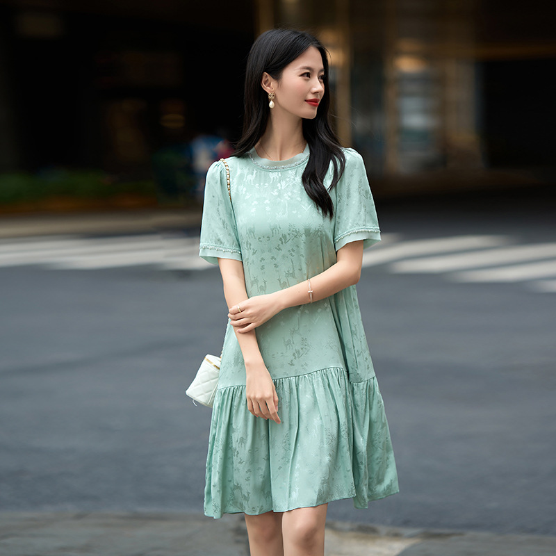 热卖女小个子新品夏女装双乔真丝动物印花蛋糕裙重工钉珠连衣裙子