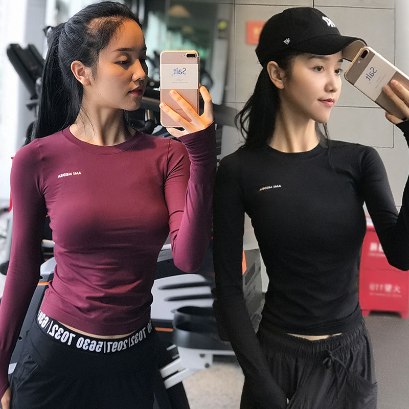 长袖速干女修身训练运动t恤