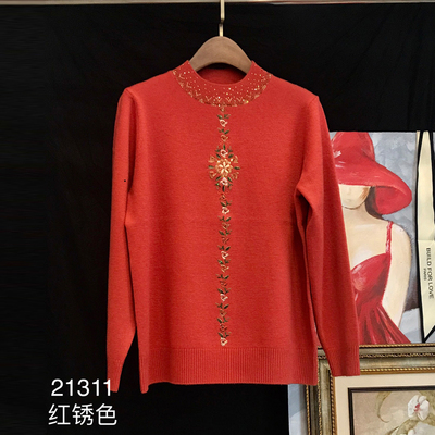 慕莲中老年女装秋冬时尚女妈妈洋气秋季套头100%羊毛针织衫21311