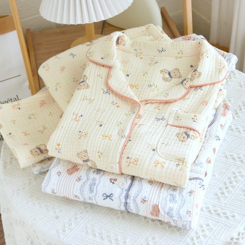 秋冬四层加厚全棉棉纱睡衣女春秋季纯棉长袖长裤可爱风家居服套装