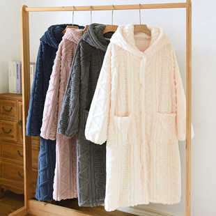 加厚长毛绒情侣睡袍长款连帽保暖法兰绒男女家居服加大码简约睡袍