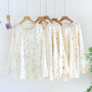 春秋夏纯棉绉布圆领女家居单品上衣长袖 卡通温柔风睡衣单件上衣