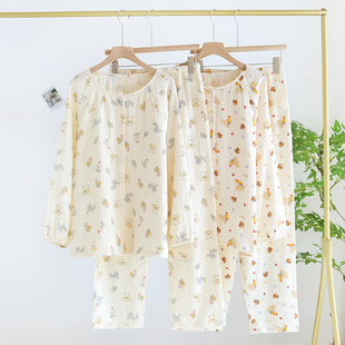 春夏季纯棉绉布女士睡衣套装圆领全棉纱布无领家居服女长袖两件套