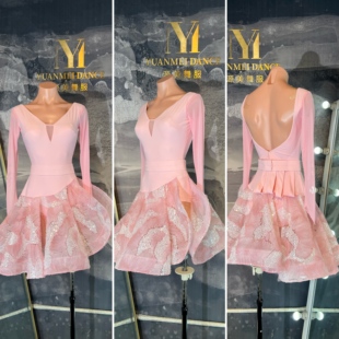 源美舞服高定花服拉丁舞比赛服新款粉色拉丁舞裸服女重工量身定制