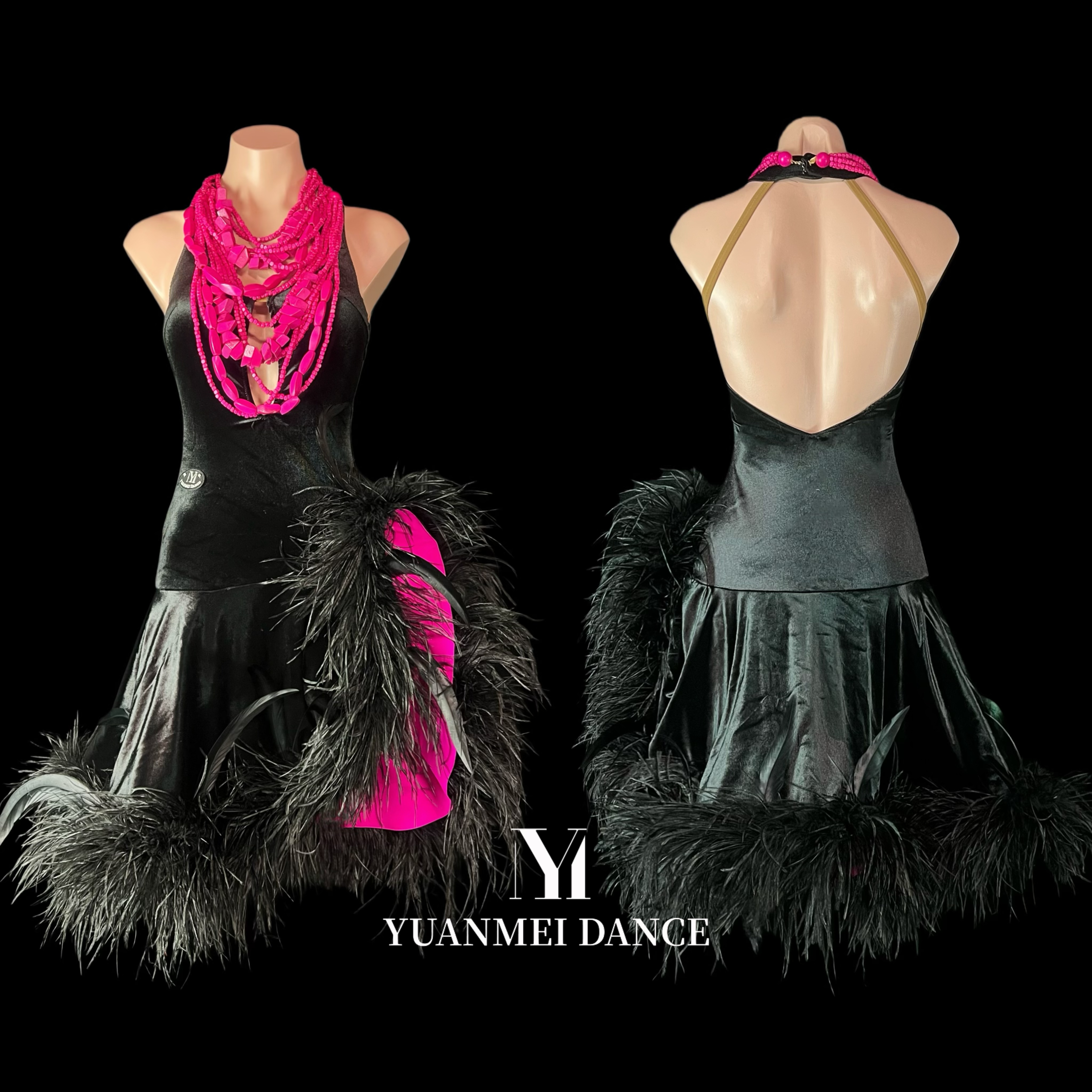 源美舞服 拉丁赛服成人新款黑池表演鸵鸟毛拉丁舞演出服赛服定制