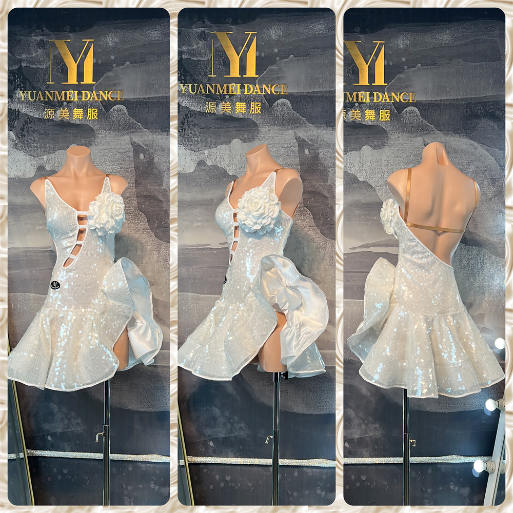 源美舞服拉丁舞比赛服白色亮片布艺考高练表演服恰恰伦巴艺考服