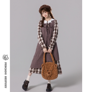 甜鱼少盐[摩卡邂逅]学院风复古假两件连衣裙女秋季小个子长款裙子
