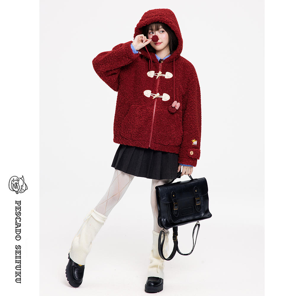 红色羊羔毛外套女冬季加厚棉服