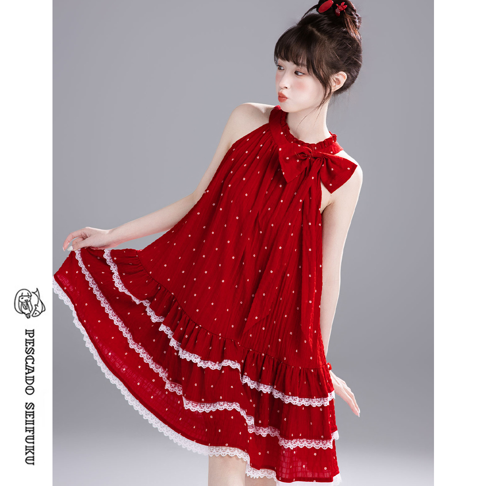 挂脖连衣裙女夏甜美小个子裙子