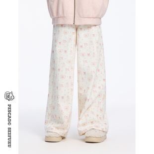 甜鱼少盐 [丘比兔]白色加绒牛仔裤女小个子宽松直筒可爱印花裤子
