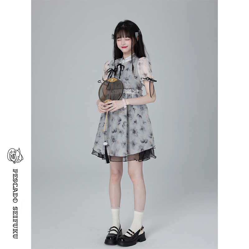 烟灰新中式连衣裙女甜美少女裙子