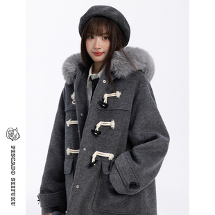 甜鱼少盐[海德公园]灰色牛角扣大衣女2025新款小个子加厚毛呢外套