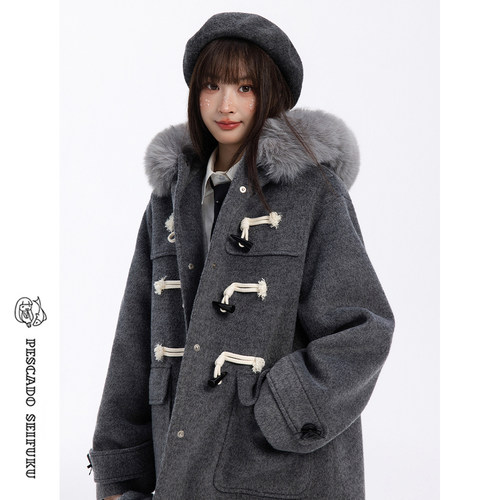 灰色牛角扣大衣女冬加厚小个子