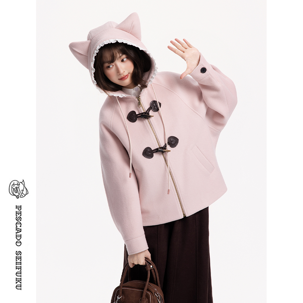 猫耳短款大衣女小个子毛呢外套