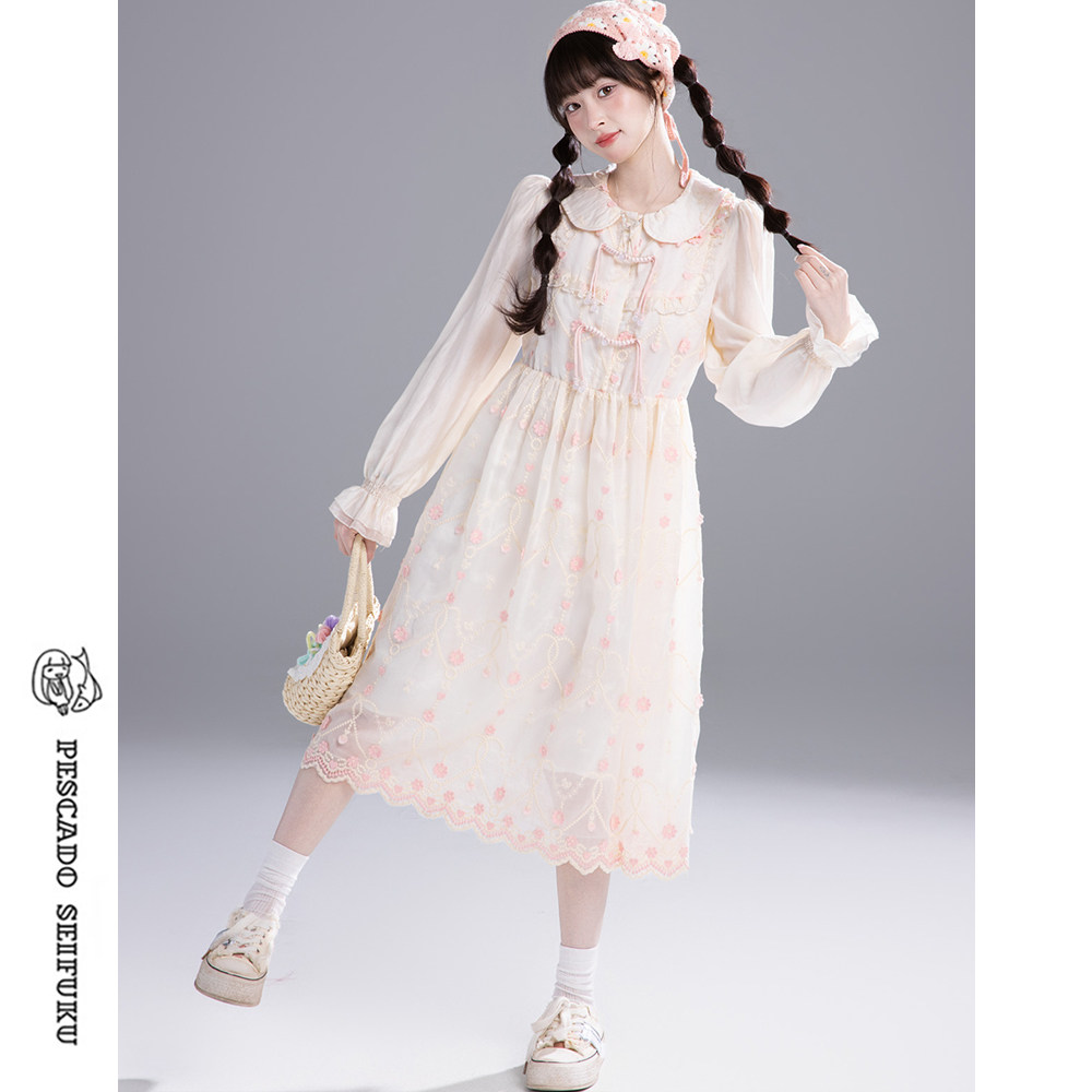 甜鱼少盐千金风新中式连衣裙女春夏甜美小个子高腰显瘦娃娃领裙子