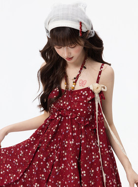 红色碎花吊带连衣裙女小个子裙子