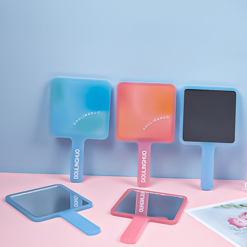 芭比粉果冻色方形手持化妆镜女生便携随身镜高清小镜子可定制logo