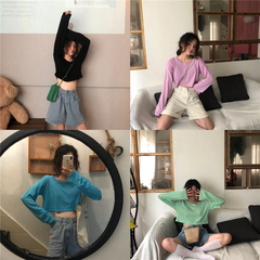 Real price Korean retro slim loose simple solid color versatile sunscreen long sleeve short T-shirt