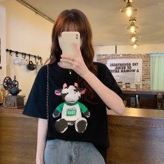 Real price new Korean loose fun Cow Print round neck T-shirt for women