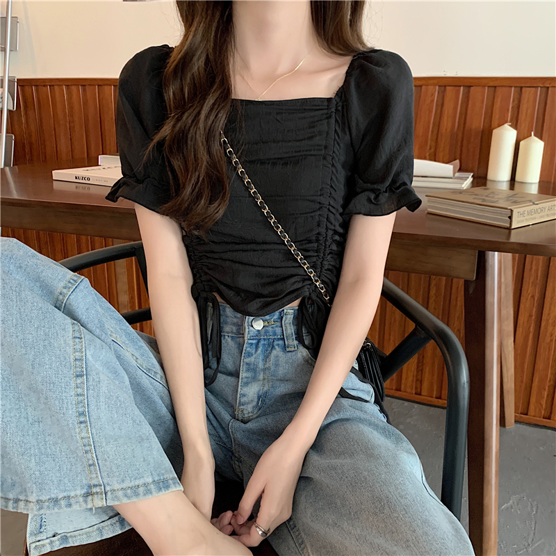 Real price French square collar with exposed collarbone design pleated drawstring bubble sleeve short sleeve T-shirt